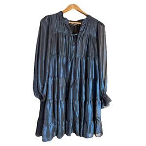 Code‎ x Mode Metallic Blue Tiered Dress Loose Fit Long Sleeve Size S Fairy